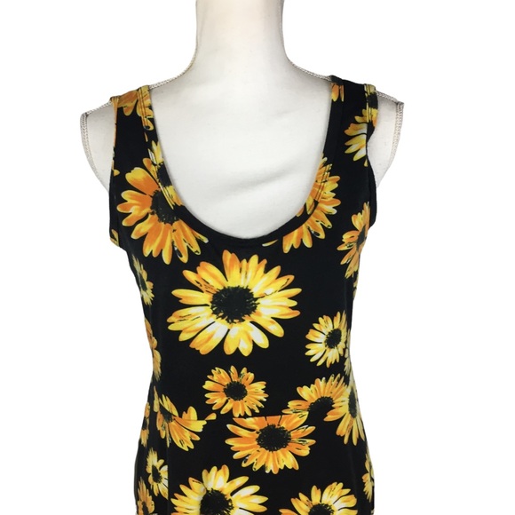 Sunflower Daisy Tank Sundress Size Large Black Yellow Knit Fit and Flare - Picture 3 of 8